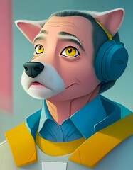 A cartoon dog wearing headphones