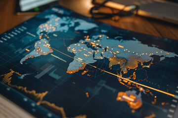 A financial graph on a global map is a visual representation of the interconnectedness of the global economy