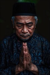 Obraz premium A man in a blue and black outfit is captured in prayer. Suitable for religious themes or spiritual concepts