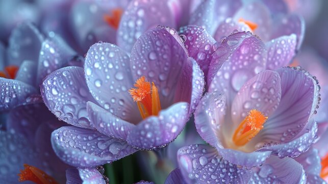 Dew-kissed purple crocus flowers close-up
