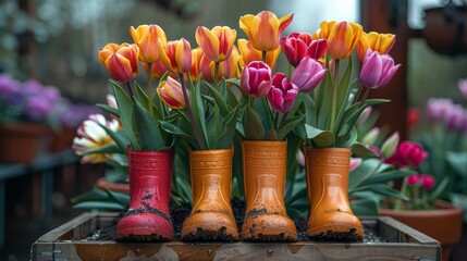 Colorful tulips in rain boots planter