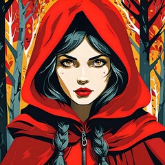Pop Art Little Red Riding Hood portrait with black hair  in Autumn Forest