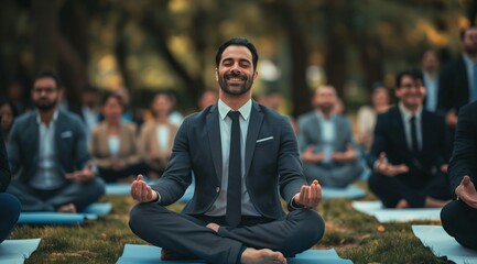 A business man in a suit and tie is sitting in a group of people doing yoga for mental health. smiling and he is enjoying the activity. group of people are in business attire,health care well-ness - Powered by Adobe