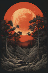 illustrated vintage style fullmoon, fullmoon vintage style illustration, full moon vibe artwork