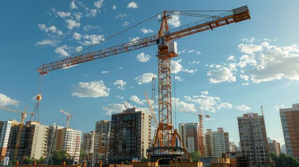 A crane is seen in the sky above a city with a smoggy haze