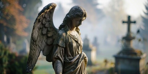 Fototapeta premium A serene angel statue in a peaceful cemetery. Suitable for funeral services or religious themes