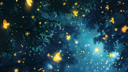 Captivating fireflies floating gracefully in the night sky, their luminous bodies creating a mesmerizing display on white