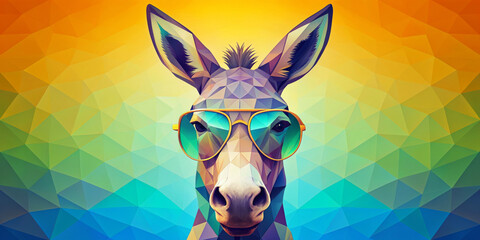 A vibrantly colored geometric pattern forms the background behind a stylized donkey wearing round glasses. The donkey is rendered in a similar geometric style, with a playful and modern look.AI genera - obrazy, fototapety, plakaty