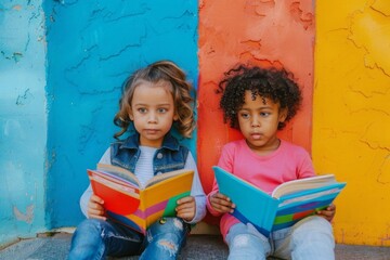 Cute little children sitting side by side near a brightly colored wall, deeply engrossed in reading books. A love for learning and imagination