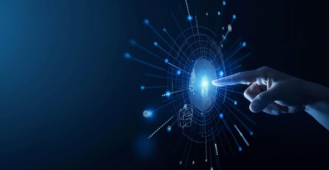 Banner, A hand is pointing at a blue circle with a lot of dots in it. Concept of technology and innovation, as the dots could represent data points or a digital interface