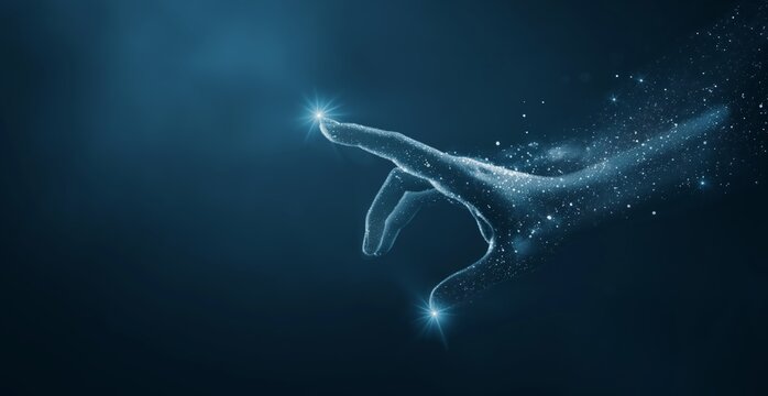 Abstract illustration of a hand touching futuristic digital technology. Blue and white background symbolizing innovation and artificial intelligence. Banner for futuristic concepts