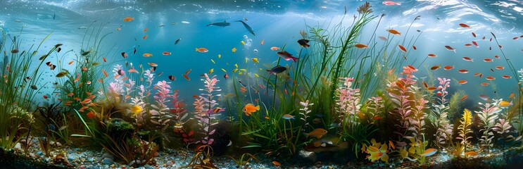 A vibrant, life-filled scene beneath the sea surface where sea grass beds provide habitat for various juvenile fishes and crustaceans