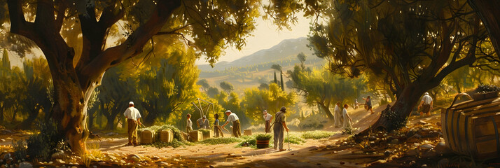 A vibrant, life-filled scene of an olive harvest in progress, with workers hand-picking olives among the rustic grove