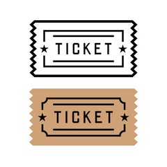 Ticket icon. Symbol of payment or cash register, sports match or cinema. Document for travel on public transport. Attribute of a cinema, theater or concert.