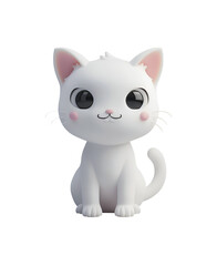 Kids&rsquo; Cute 3D Render Cartoon Illustration: Chibi White Cat in Toy Style, Isolated on Transparent Background, PNG