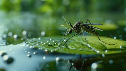 Naklejka premium A mosquito perched on a leaf covered in water. Suitable for nature and wildlife themes
