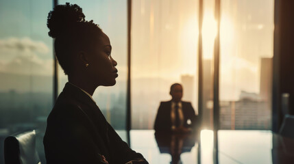 Stylish business woman stands by the window in a modern office. A beautiful African American woman in a meeting room looks out the window enjoying the sunset light. Business concept.