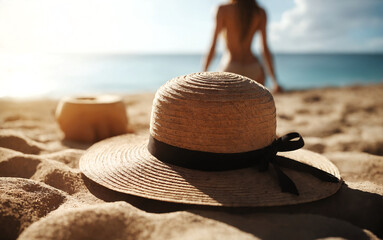 Straw hat in the beach sand, blurred woman looking at the sea and rests in the background in the sparkling summer sunshine.