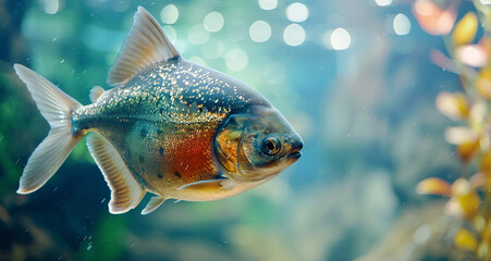 Naklejka premium Piranha in a fish tank against a light blue background