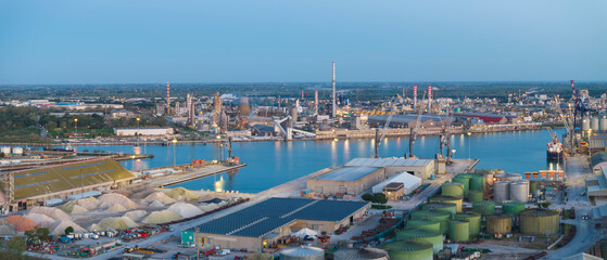 Aerial view of the industrial and port area of Ravenna ,chemical and petrochemical...