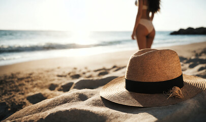 Straw hat in the beach sand, blurred woman looking at the sea and rests in the background in the sparkling summer sunshine.