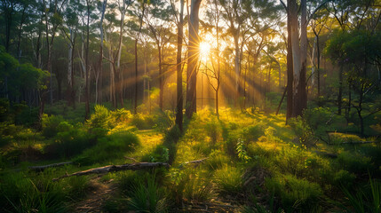 A vibrant sunrise illuminating a scrub forest, highlighting the dense shrubs and scattered trees with warm golden hues