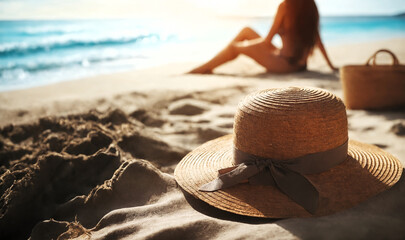 Straw hat in the beach sand, blurred woman looking at the sea and rests in the background in the sparkling summer sunshine.