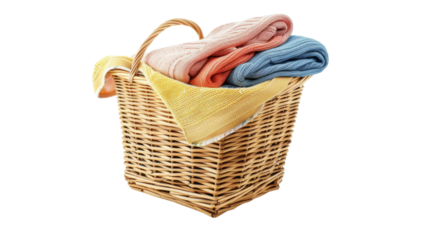 Laundry basket clean clothes cleaning chores housework, clean clothes and Wicker basket with clean laundry isolated on white background 