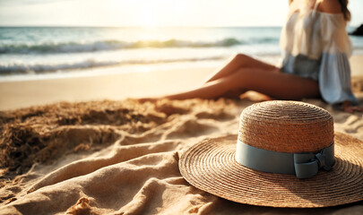 Straw hat in the beach sand, blurred woman looking at the sea and rests in the background in the sparkling summer sunshine.