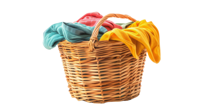 Laundry basket clean clothes cleaning chores housework, clean clothes and Wicker basket with clean laundry isolated on white background 