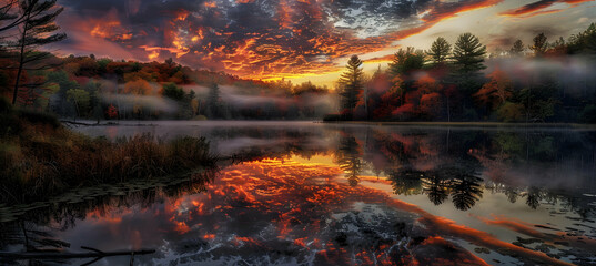 A vibrant sunrise over a forested watershed with mist rising off the water's surface, using a high dynamic range technique for enhanced color depth