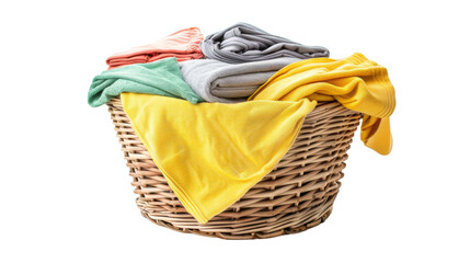 Laundry basket clean clothes cleaning chores housework, clean clothes and Wicker basket with clean laundry isolated on white background 