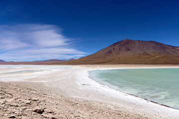 Bolivia, Verde Lagoon, Avaroa National Park. Beautiful lake with green toxic water. Wide frame.