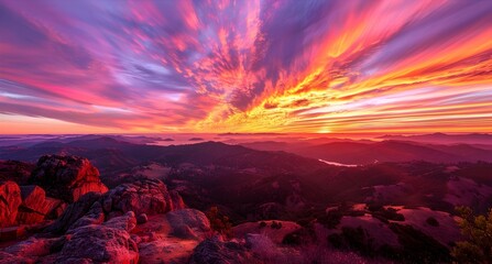 A vibrant sunrise with streaks of pink and orange light filtering through cumulus clouds, viewed from a high mountain peak