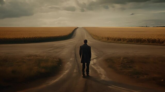 Man with a choice near the forked road. The concept of making a decision, making the right choice, solving a problem	
