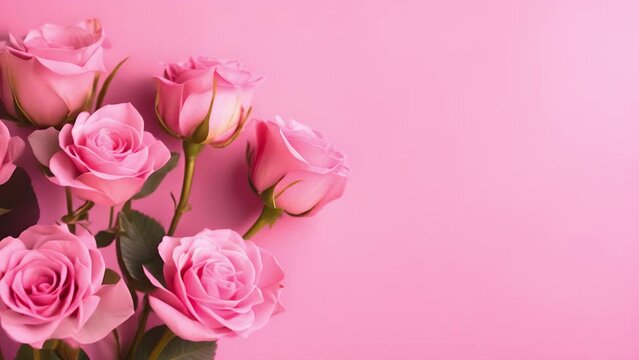 Greeting background with freshly pink roses flowerson a pink background . Festive banner for birthday, mother's day, March 8, anniversary.Flat lay, top view. Copy space. Mock up