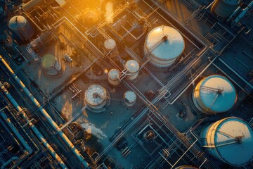 Aerial view of a factory with industrial tanks. Suitable for industrial and manufacturing concepts