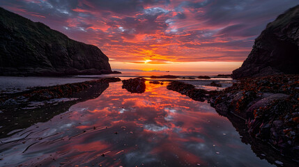A vibrant sunset over a coastal gulley, where the water reflects a fiery sky and the rugged cliffs...