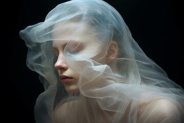 Fototapeta premium Tranquil portrait of a woman's face partially obscured by delicate, transparent material against a dark backdrop
