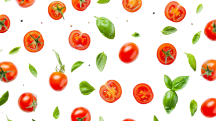 Cherry tomatoes with basil leaves cut out on white background , png transparent 