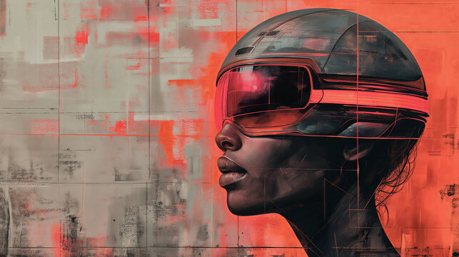 Banner with girl wearing futuristic helmet and headphones on black background. Concept: symbol of immersion in the technology. Free space for text.