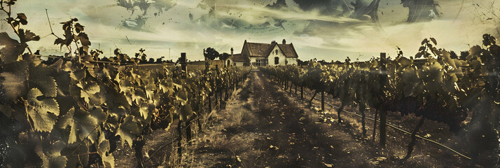 A vintage style image of an old vineyard with traditional architecture, surrounded by mature vines...