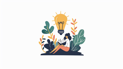 A white background with a person reading a book in the center. Above them, there is a person with a lightbulb symbolizing new ideas, illustrator cartoon style