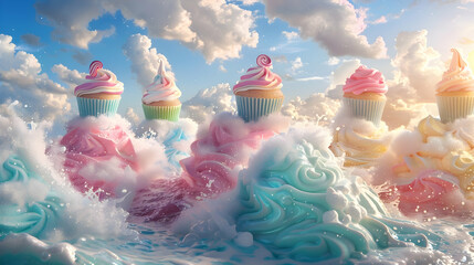 A whimsical scene of cartoon cupcakes sailing on a sea of cotton candy waves, their playful expressions and colorful frosting glistening in the warm sunshine,