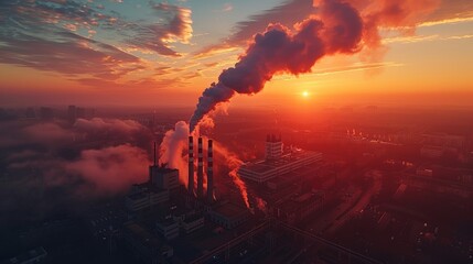 Industrial sunrise with smokestack emissions