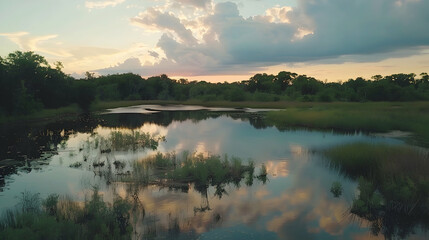 A wide-angle shot of a subtropical marshland at dusk, with vibrant sky colors reflected in the still water