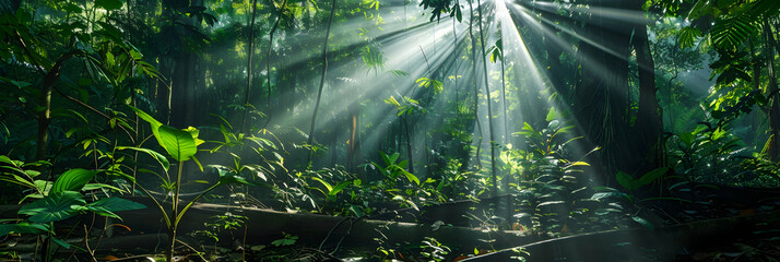 A wide-angle shot of a dense lowland forest with rays of sunlight piercing through the canopy,...