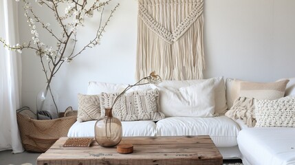 Scandinavian minimalism meets artistic flair. Macrame, hand-blown vase, and woven pillows create a stunning living room.