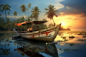 Obraz premium Serene sunset over a tranquil tropical bay with an old wooden fishing boat