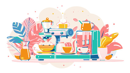 Vibrant Kitchen Scene With Coffee Machine and Breakfast Illustration